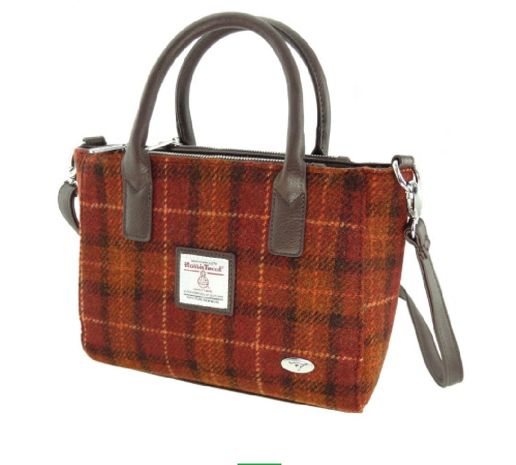 Harris Tweed 'Brora' Small Tote in Rust with Orange Overcheck
