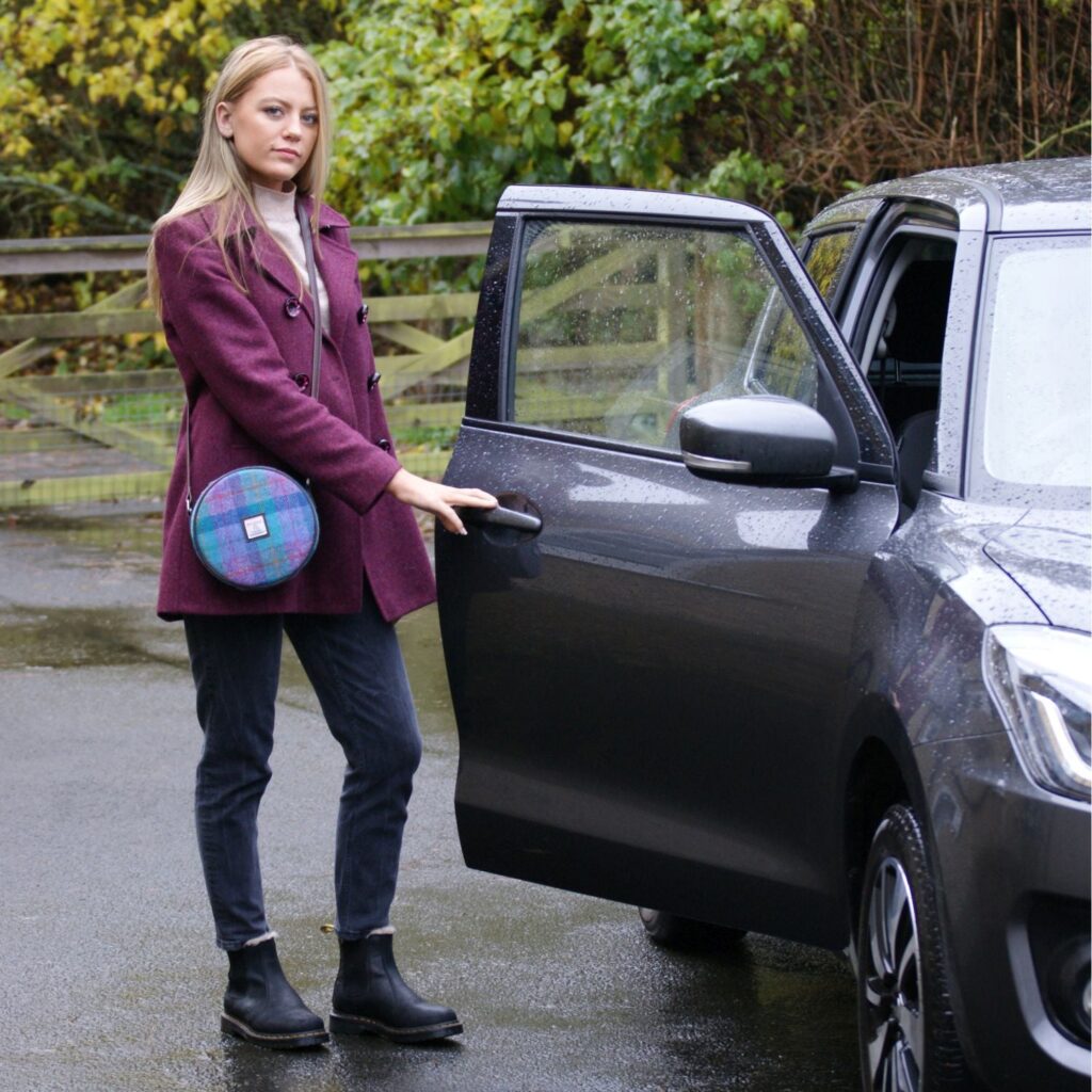 Harris Tweed 'Bannock' Round Bag in Dark Green & Plum Check