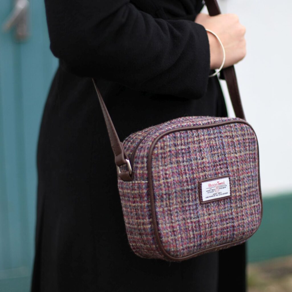 Harris Tweed 'Almond' Mini Bag in Dark Green and Plum Check