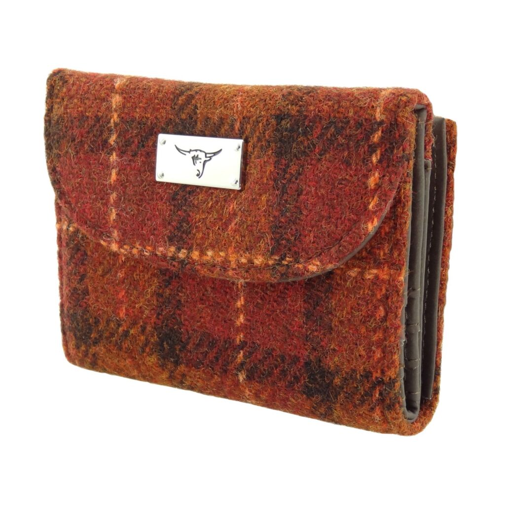 Harris Tweed 'Jura' Short Wallet in Rust with Orange Overcheck
