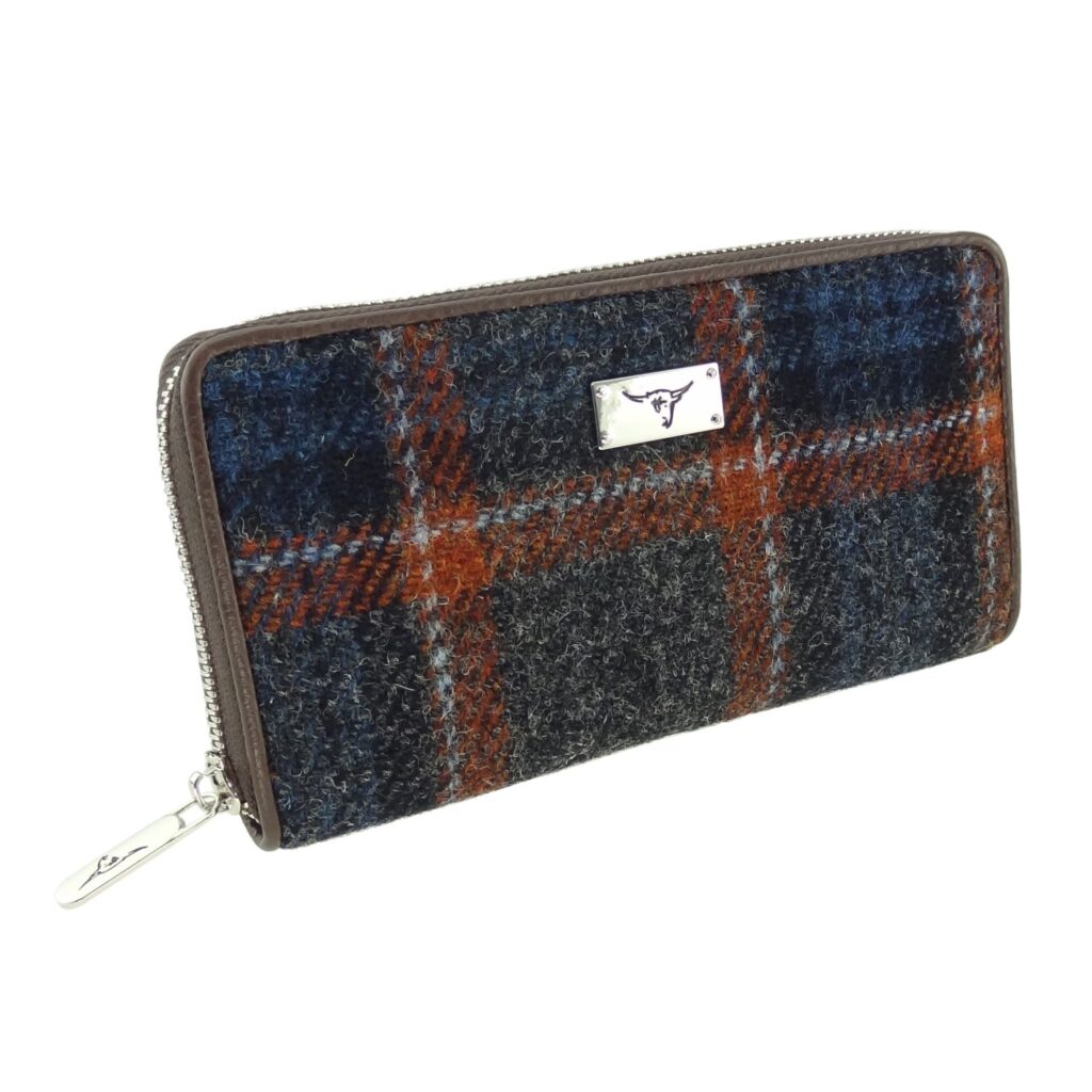 Harris Tweed 'Staffa' Long Zip Purse in Grey with Rust Overcheck