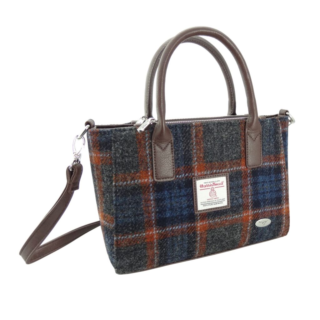 Harris Tweed 'Brora' Small Tote in Grey with Rust Overcheck
