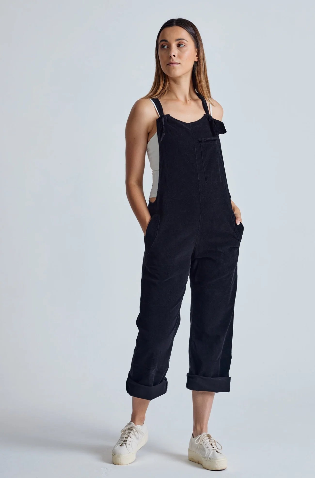 Black Babycord Mary-Lou Pocket Dungaree GOTS Certified Organic Cotton and Elastane