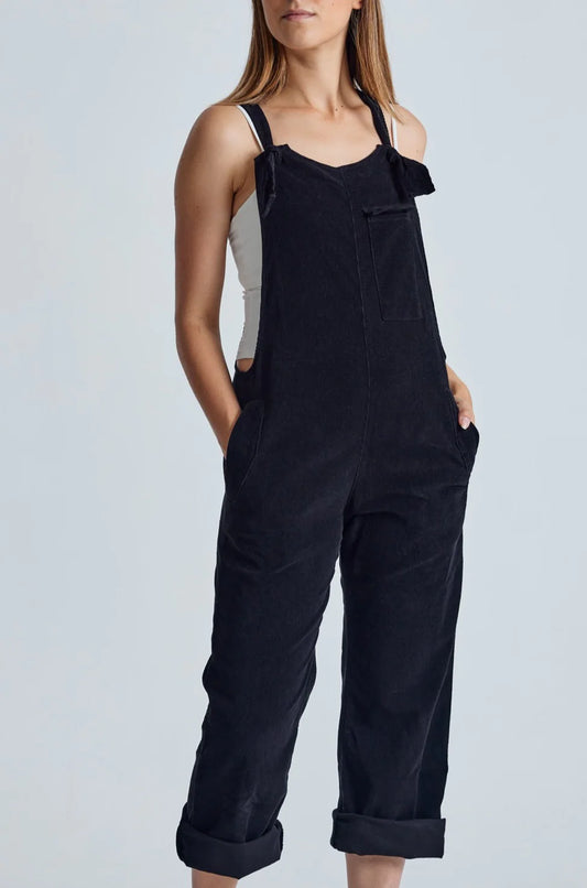 Black Babycord Mary-Lou Pocket Dungaree GOTS Certified Organic Cotton and Elastane