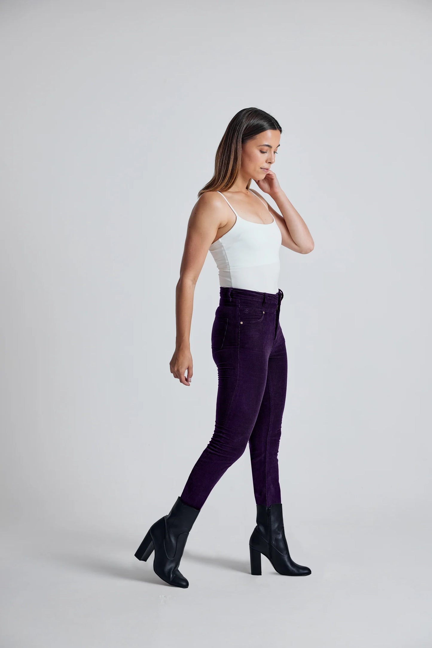Aubergine Babycord Nina High Waisted Skinny Jeans GOTS Certified Organic Cotton and Elastane