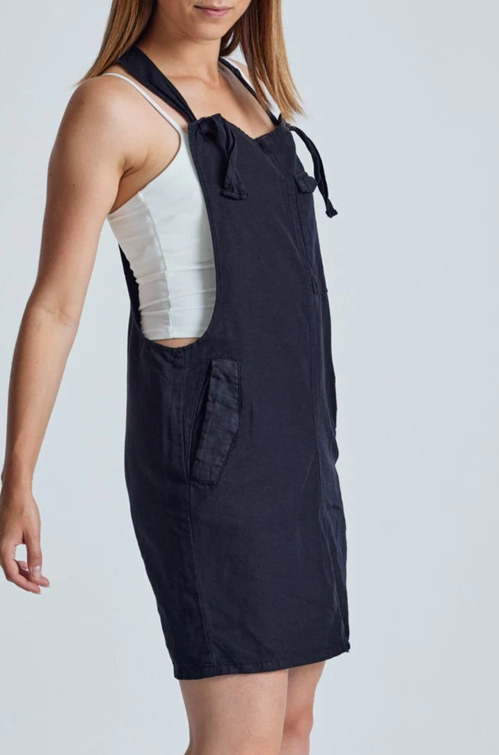 Black Peggy Pocket Dungaree Dress GOTS Certified Organic Cotton and Linen