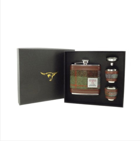 6oz Harris Tweed Hip Flask Gift Set in Gift Box